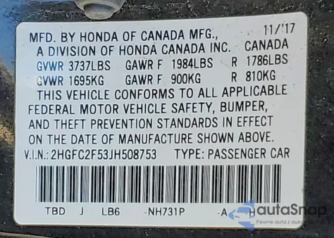 2018 Honda Civic Lx z USA, uszkodzony, nr VIN 2HGFC2F53JH508753